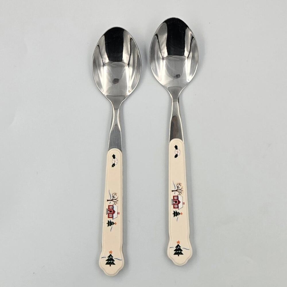 Two Pfaltzgraff Snow Village Stainless Steel Dinner Spoons Replacements